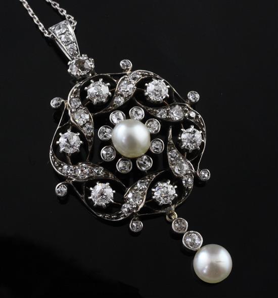 A Victorian gold and silver, diamond and pearl set drop pendant, overall 20in.